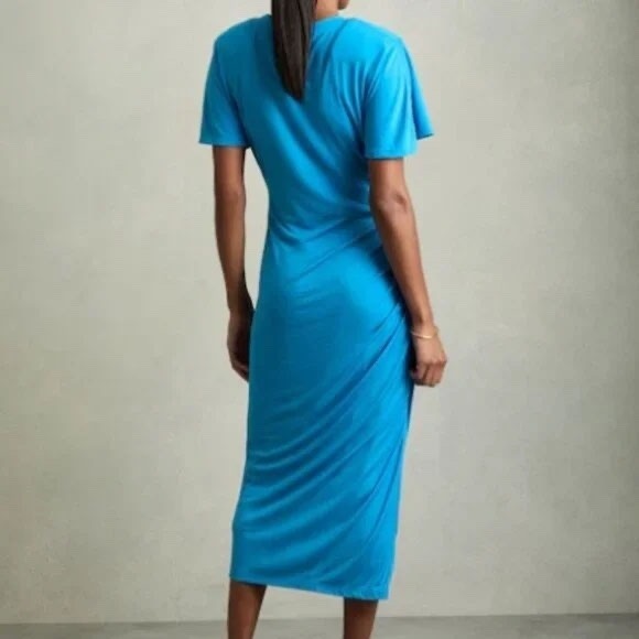 Reiss Blue Side Ruched Midi Dress Short Sleeve Crew Neck Slit Size 12 - Picture 3 of 9